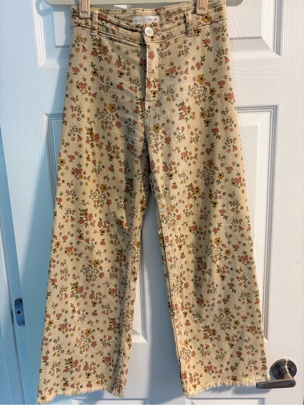 Zara Girls Floral Wide Leg Jeans Cream Ditsy Flower Raw Hem Size 13-14